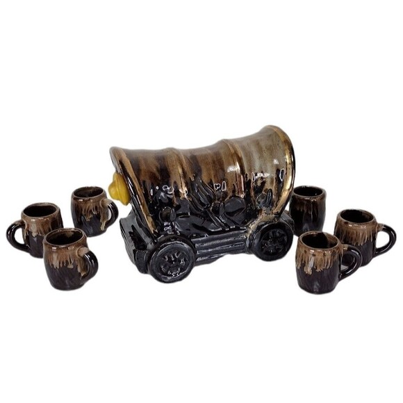 Vintage 50s Stoneware Western Covered Chuck Wagon Decanter 6 Barrel Shot Glasses
